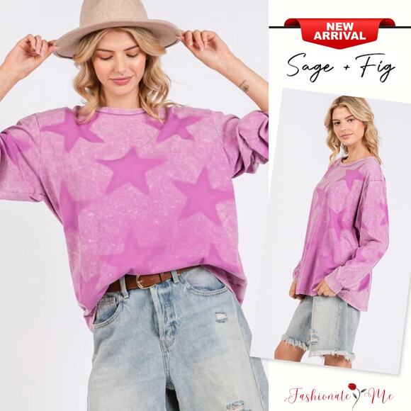 SAGE + FIG Mineral Wash Star Graphic Print Long Sleeves T-Shirt | Moonlit Mauve - Picture 1 of 7
